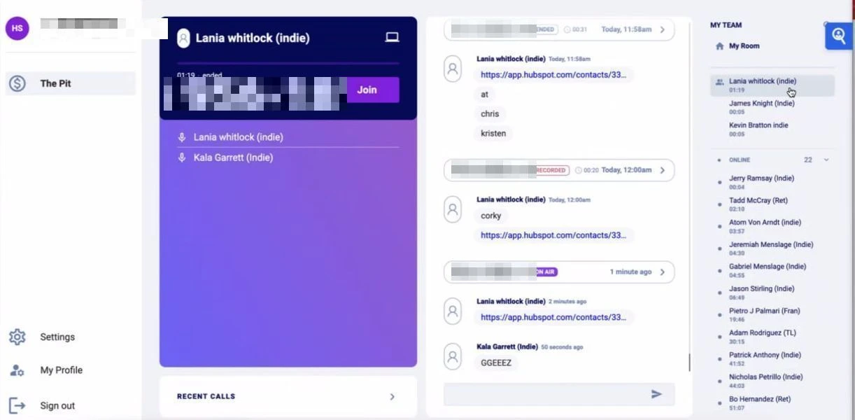 Calling-team interface: active call card, call log and team statuses