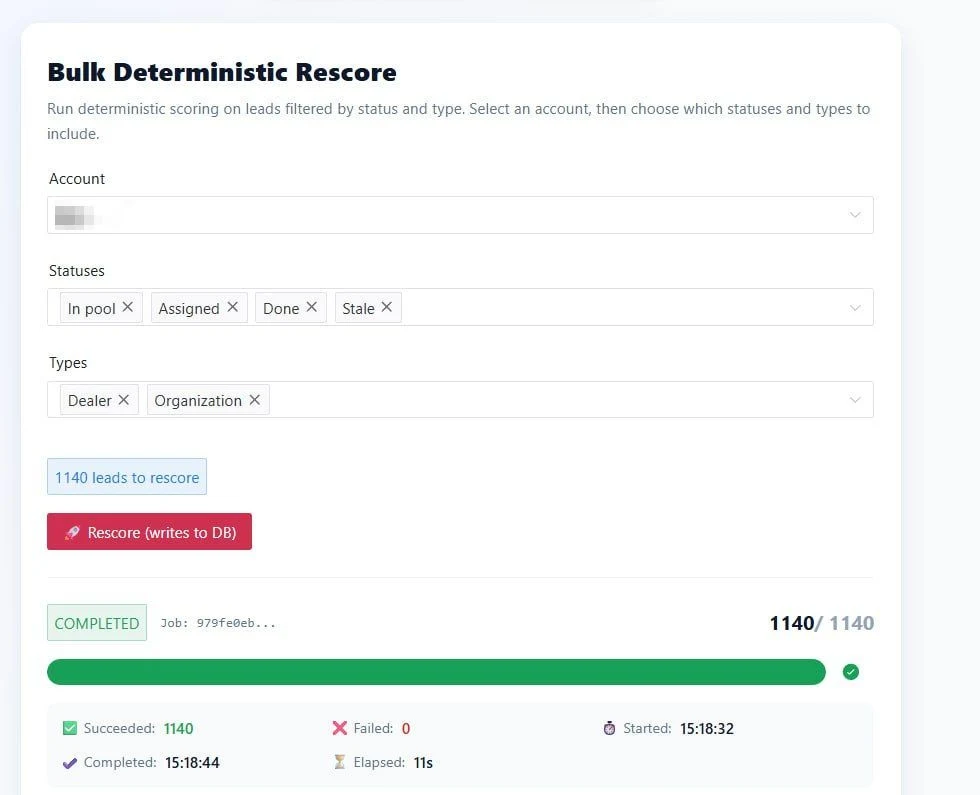 Bulk rescore across the lead base by status and type