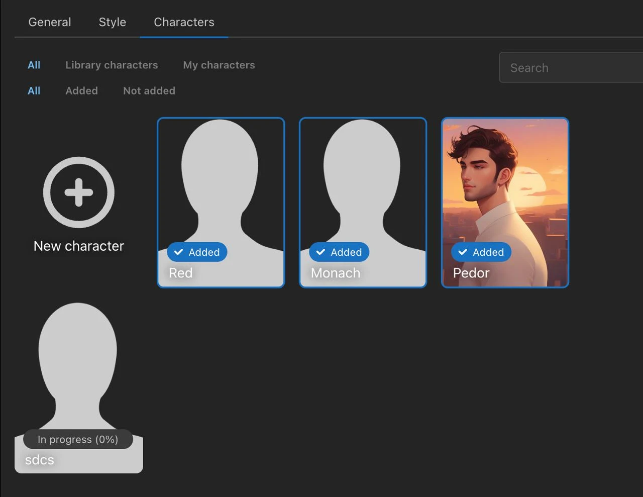 Characters panel: library, adding characters and training a per-character model
