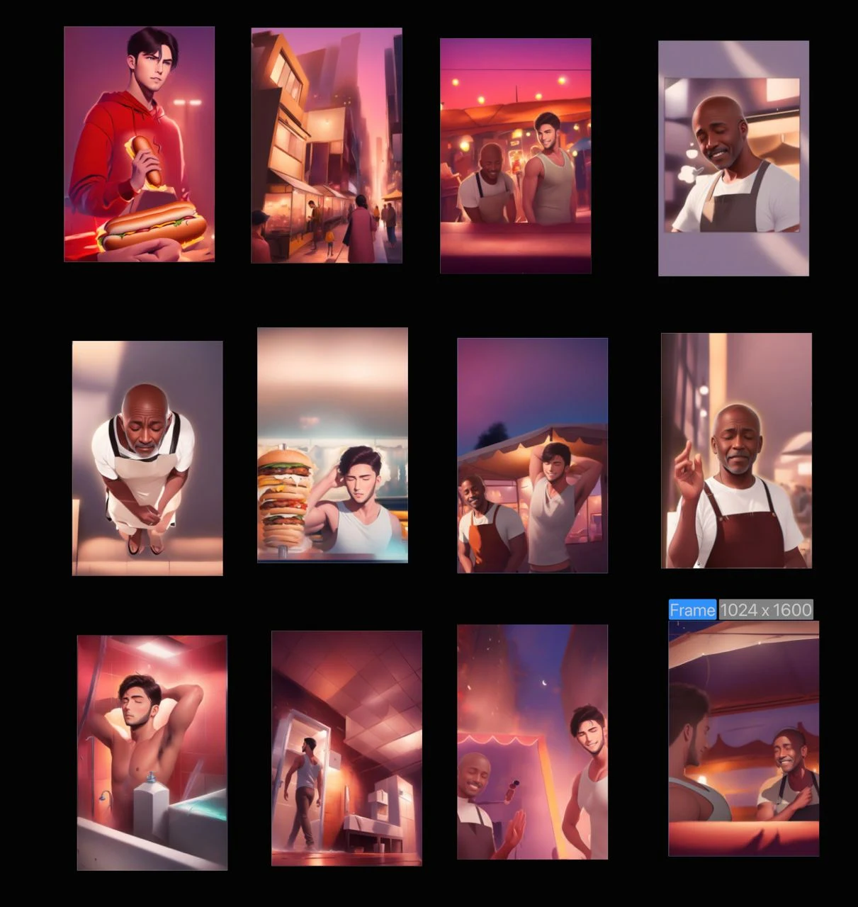 The studio frames board: a series of generated panels featuring the same characters