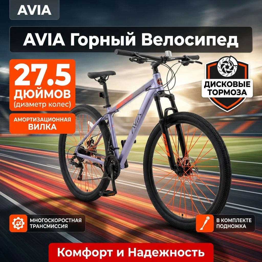 Сгенерированная инфографика карточки велосипеда с бейджами преимуществ
